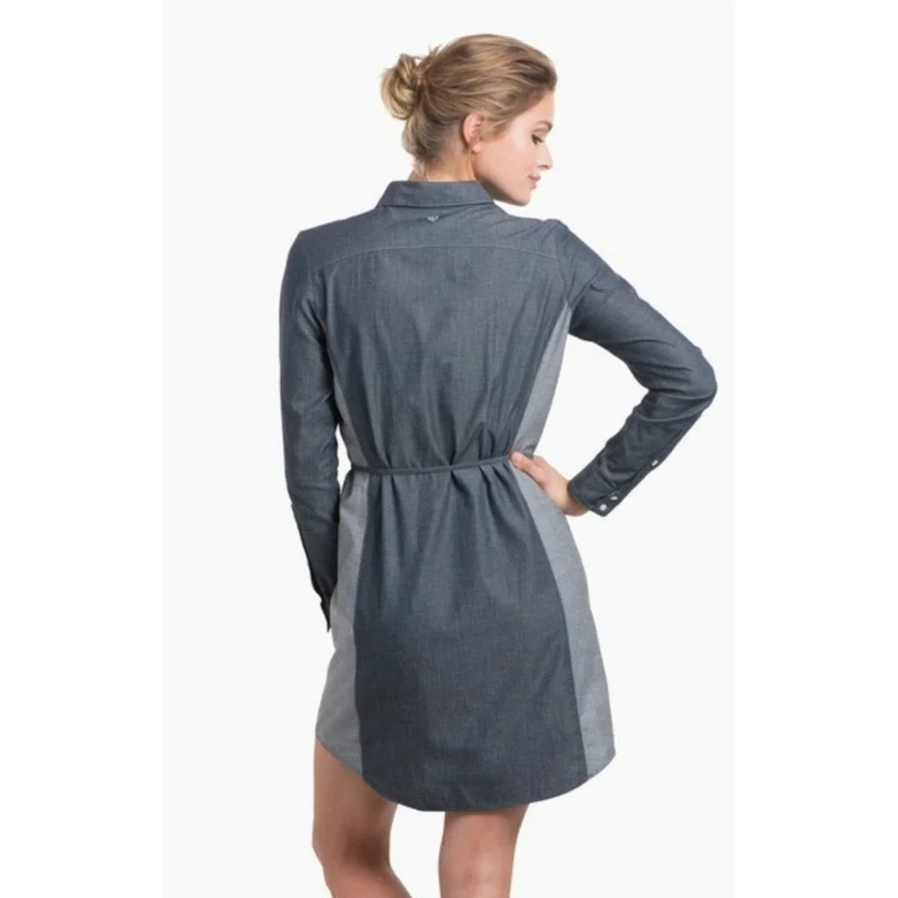 Kuhl Kiley Dress Indigo Sail Blue Chambray Shirt Dress‎ Belted Womens Size Large